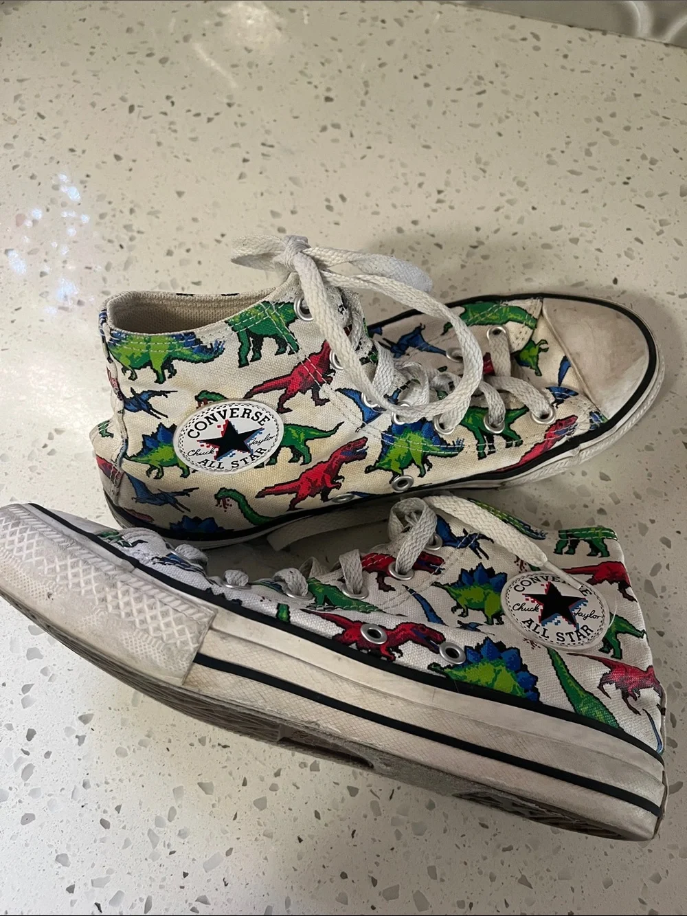 Converse Kids High Top Sneakers - White with Green, Blue & Red Dinosaur Print 4